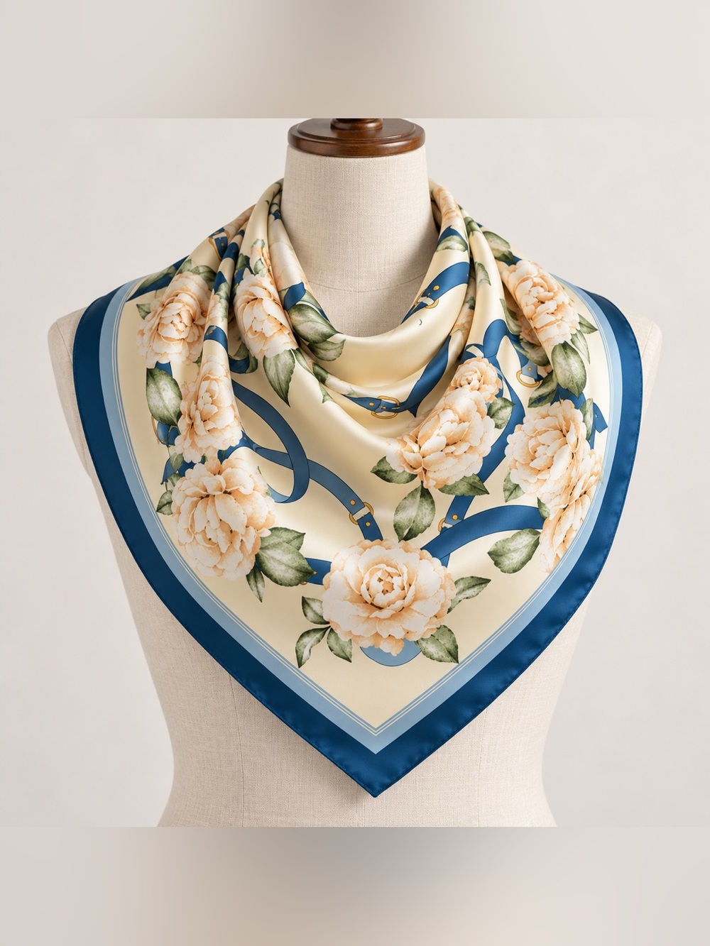 Vintage Style Blue Border Floral Scarf 27.6” Square
